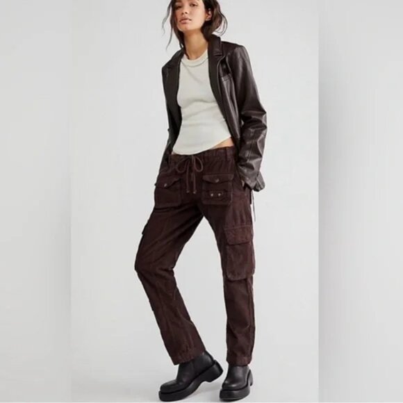 FREE PEOPLE Tahiti Cord Cargo Pants Brown Small - Picture 1 of 4